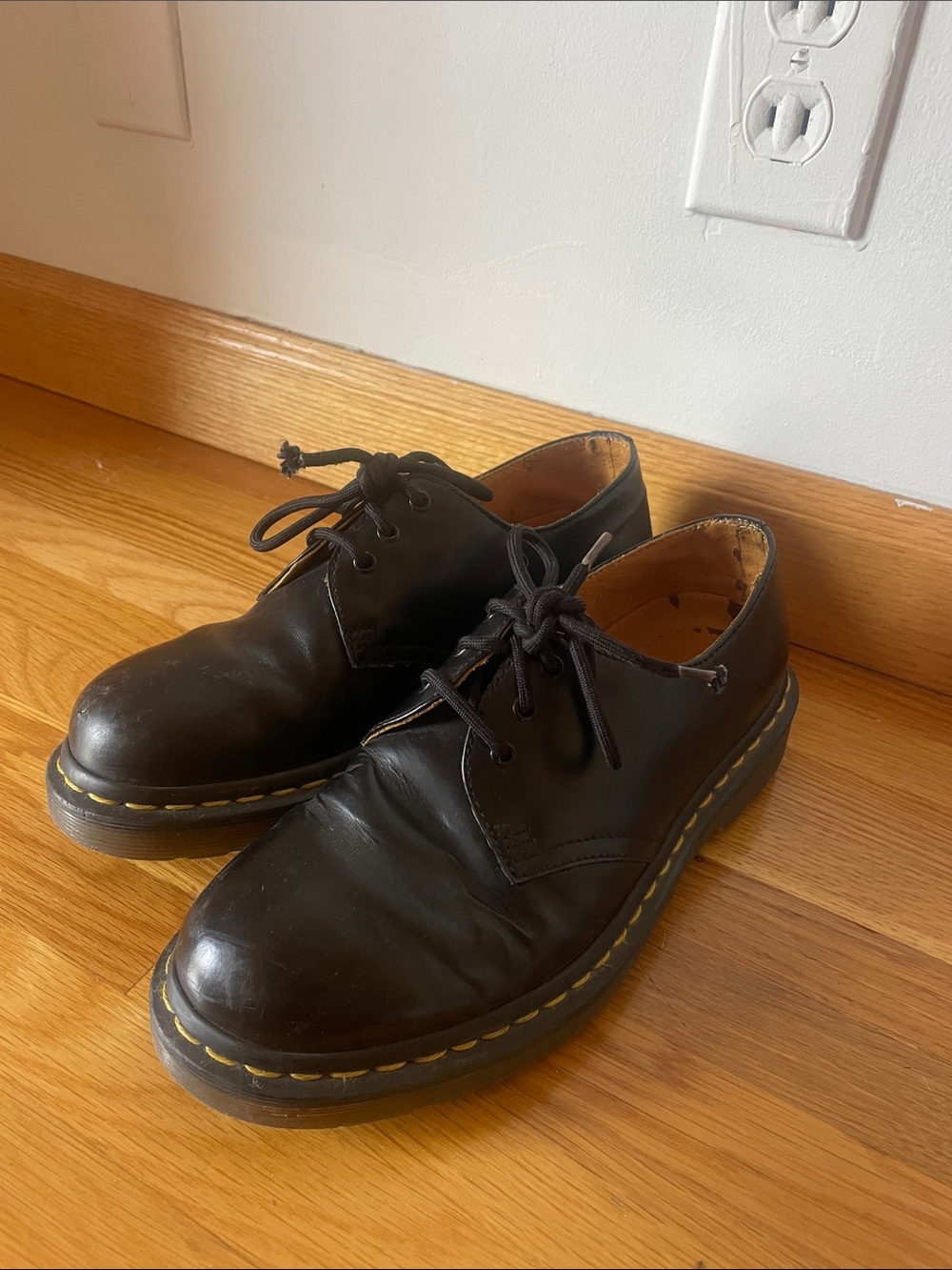 Dr. Martens Black Leather 3-Eye Derby Shoes with Yellow Stitching